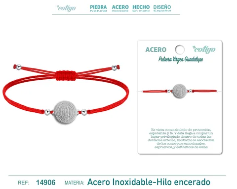 PULSERA HILO ENCERADO ROJO-VIRGEN GUADALUPE PLATEADO