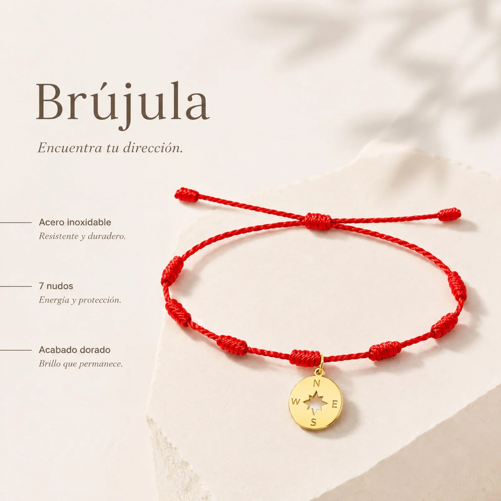 PULSERA 7 NUDOS CON BRÚJULA COLOR DORADO
