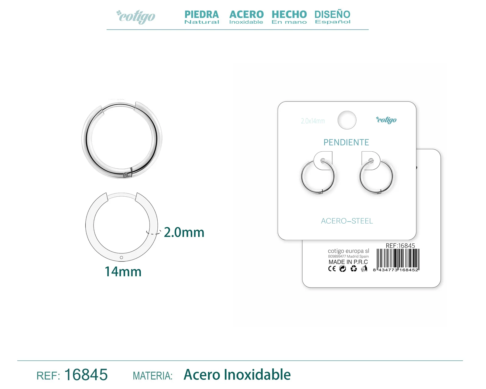 PENDIENTE ARO ACERO 2.0X14 MM PLATEADO