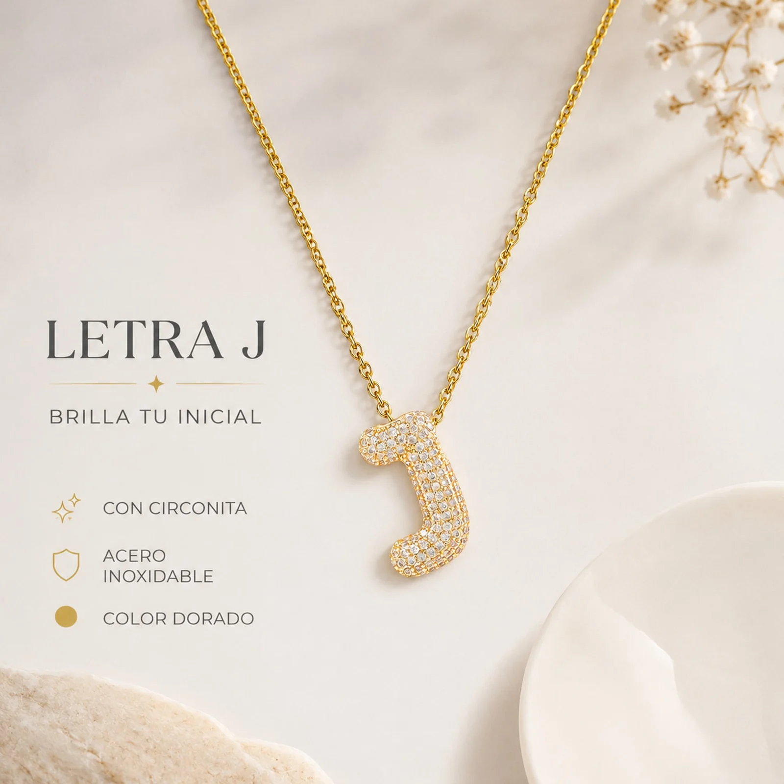 COLLAR LETRA J CON CIRCONITA  ACERO COLOR DORADO