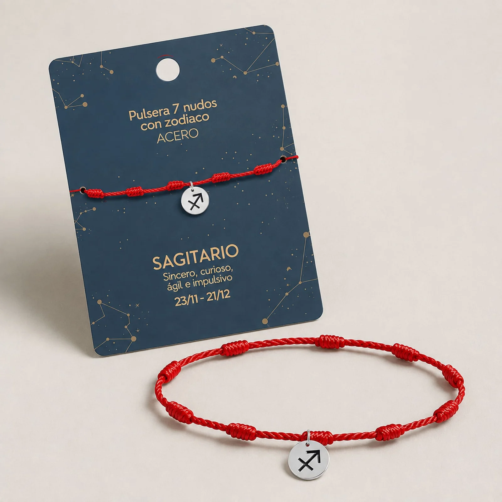 PULSERA 7 NUDOS CON SAGITARIO ACERO. COLOR PLATEADO
