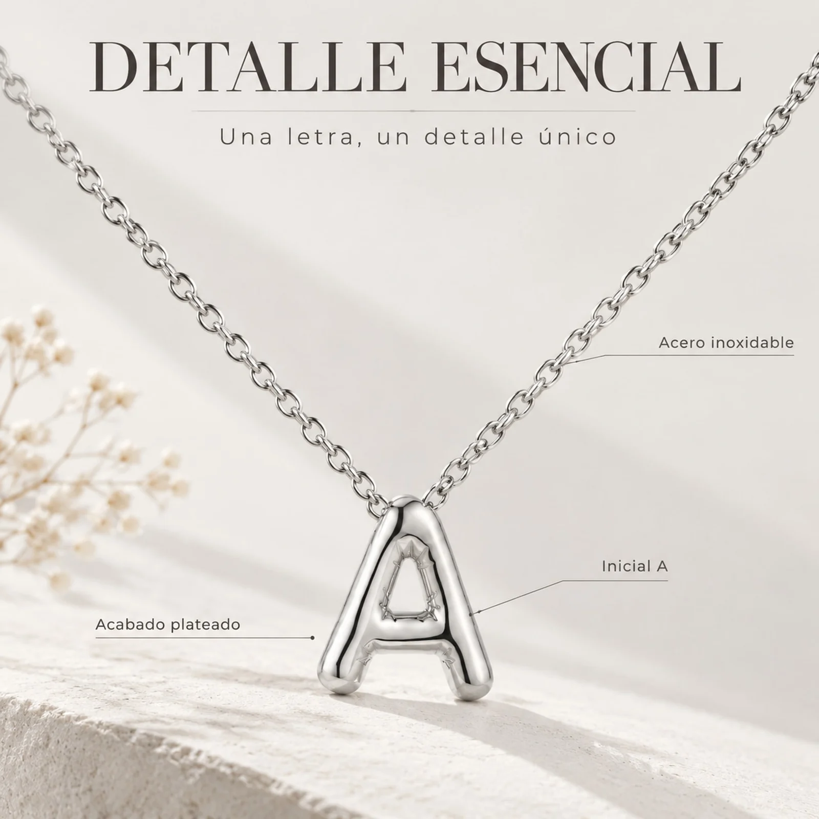 COLLAR INICIAL LETRA A ACERO CON SOBRE