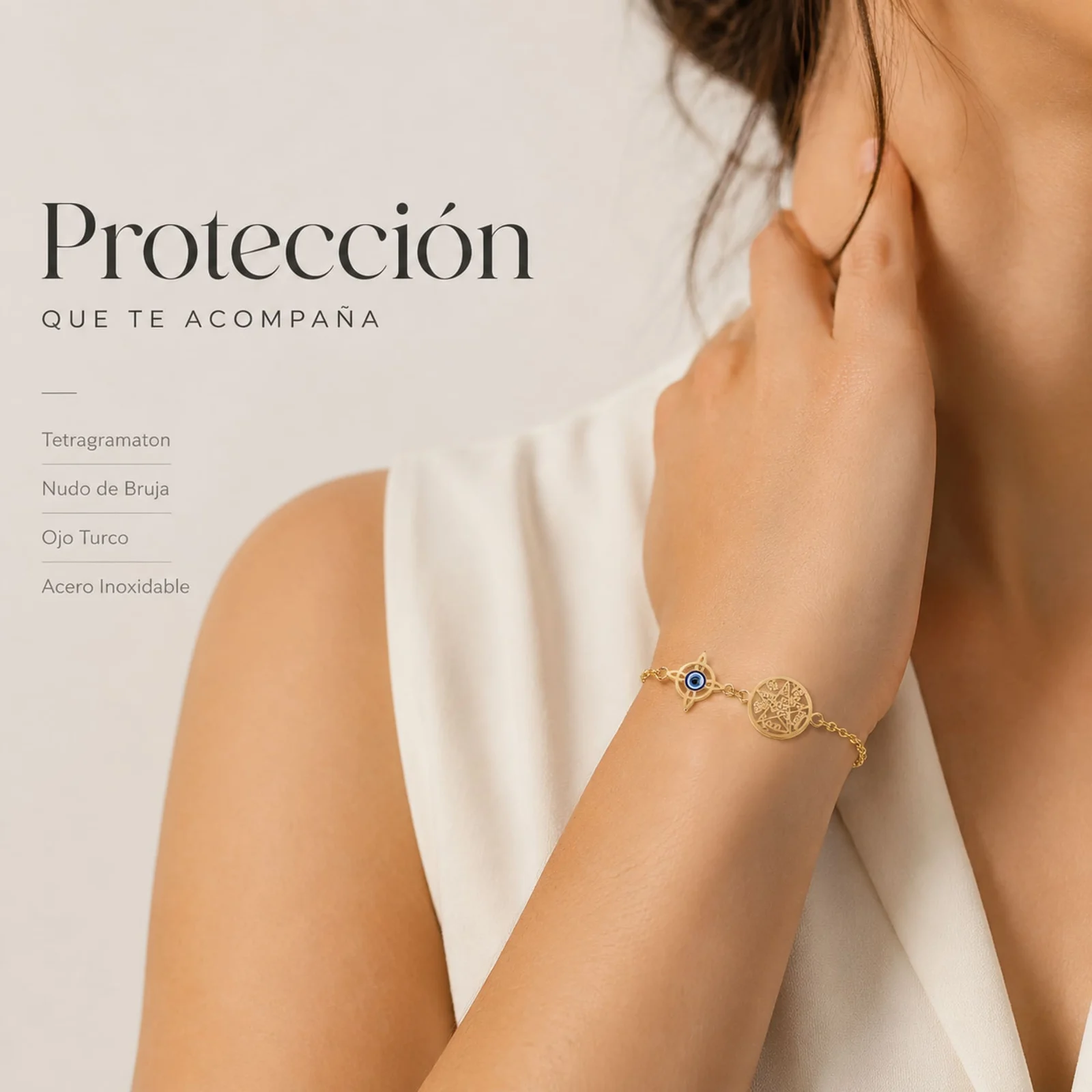 PULSERA TETRAGRÁMATON CON NUDO DE BRUJA Y OJO DE TURCO ACERO INOXIDABLE COLOR DORADO