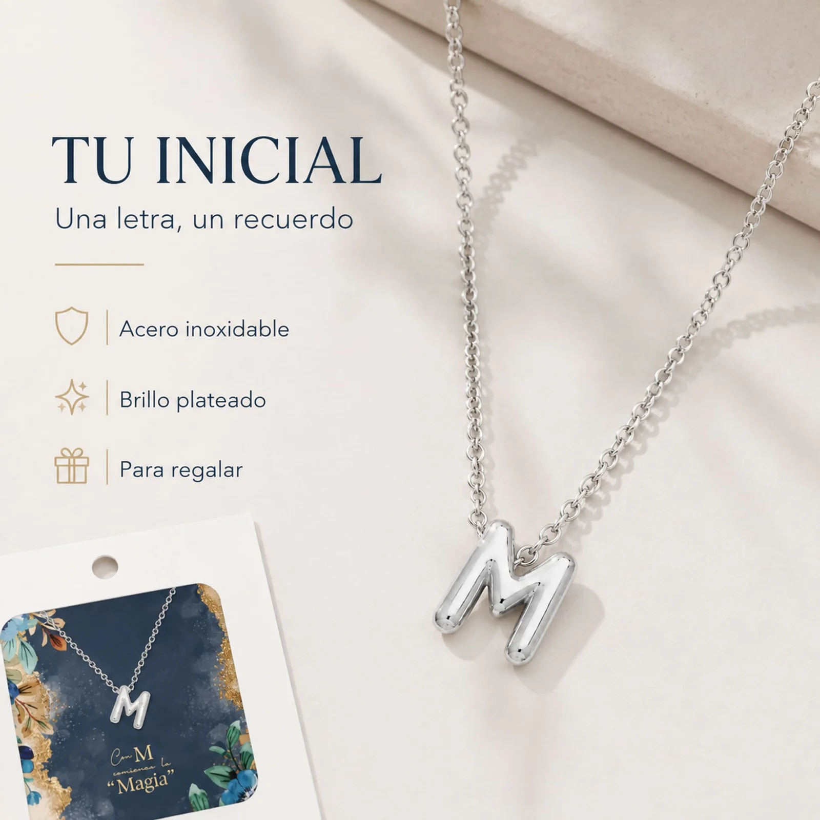 COLLAR INICIAL LETRA M ACERO CON SOBRE