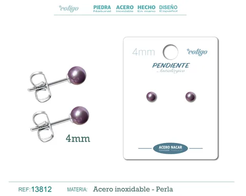 PENDIENTE ACERO+PERLA NÁCAR 4MM VIOLETA