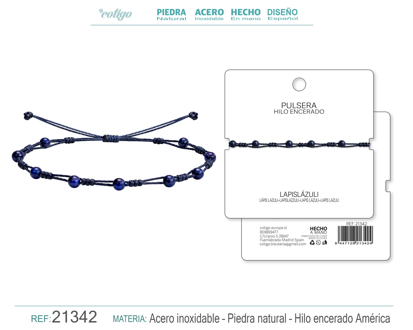 PULSERA HILO ENCERADO CON LAPIZRAZURI