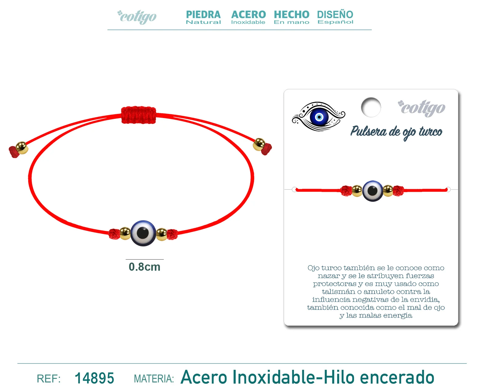 PULSERA HILO ENCERADO ROJO-OJO TURCO