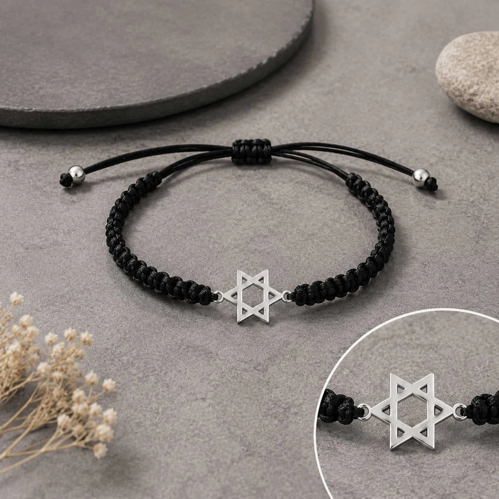 PULSERA HILO DESTINO  CON ESTRELLA DAVID ACERO PLATEADO