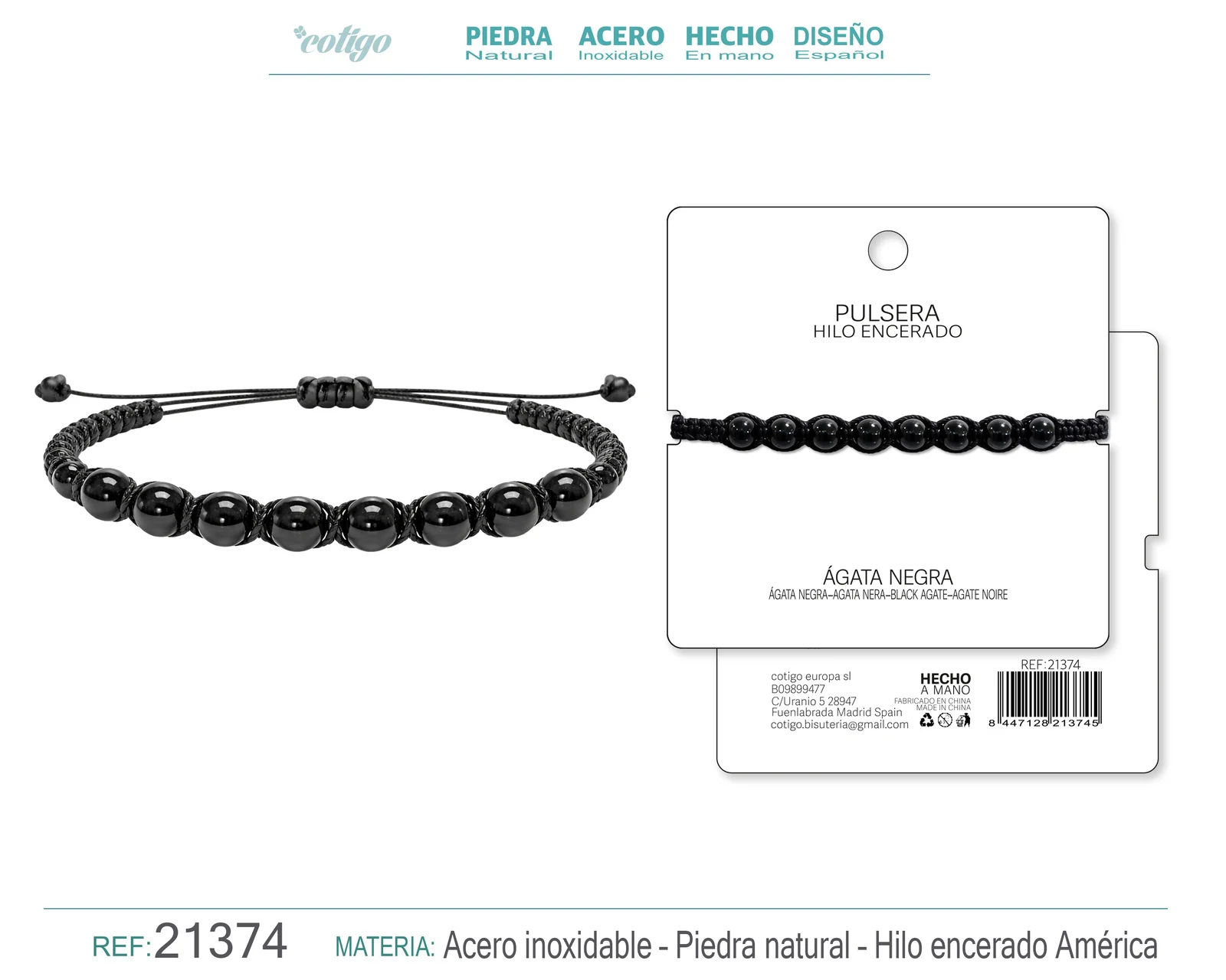 PULSERA HILO ENCERADO CON AGATA NEGRA