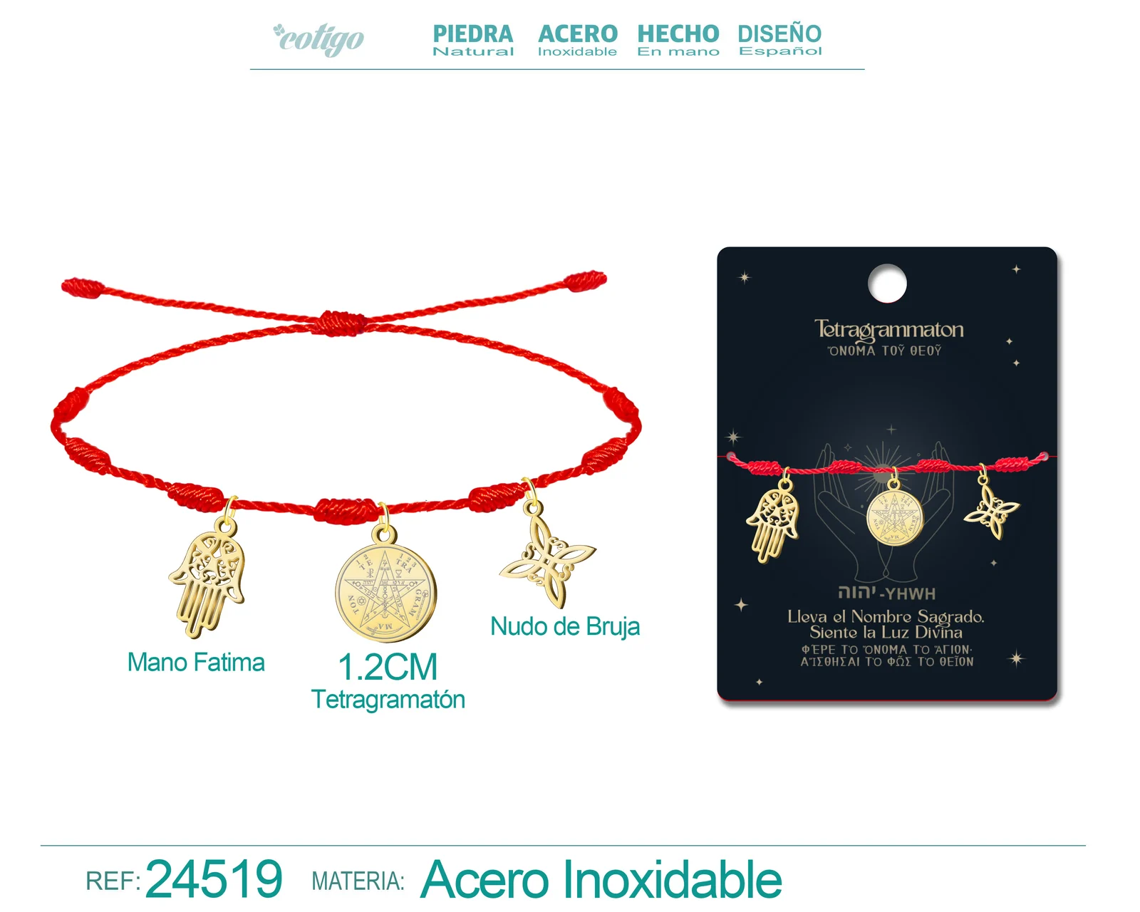 PULSERA 7 NUDOS CON TETRAGRAMMATON  NUDO DE BRUJA Y MANO FATIMA ACERO DORADO