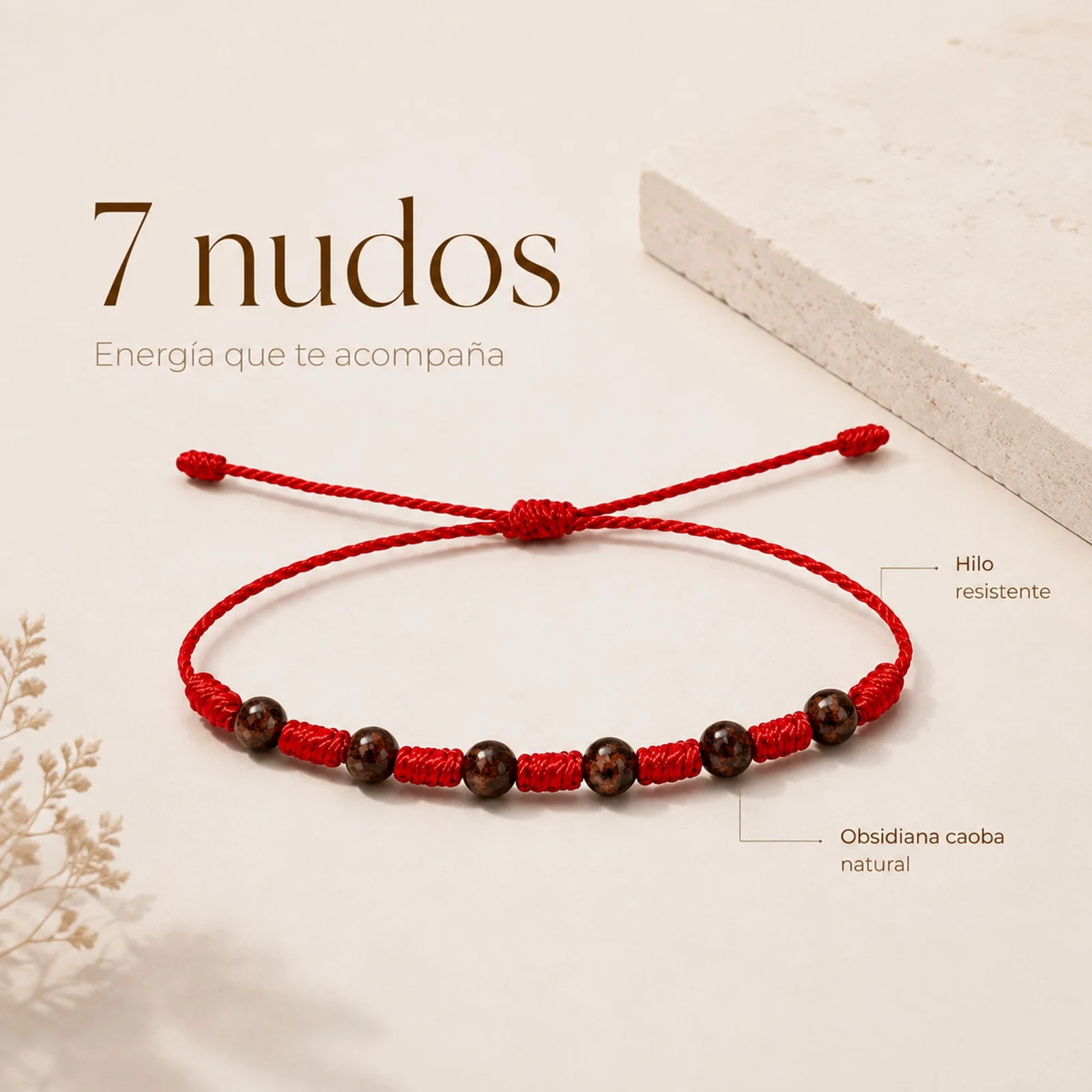 PULSERA 7 NUDOS CON  OBSIDIANA CAOBA 4MM