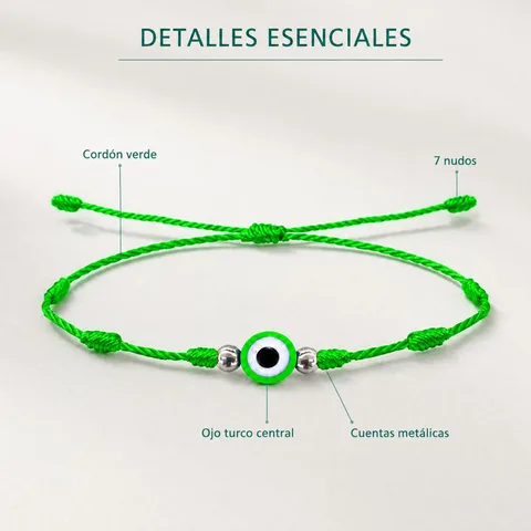 PULSERA 7 NUDOS VERDE CON OJO TURCO