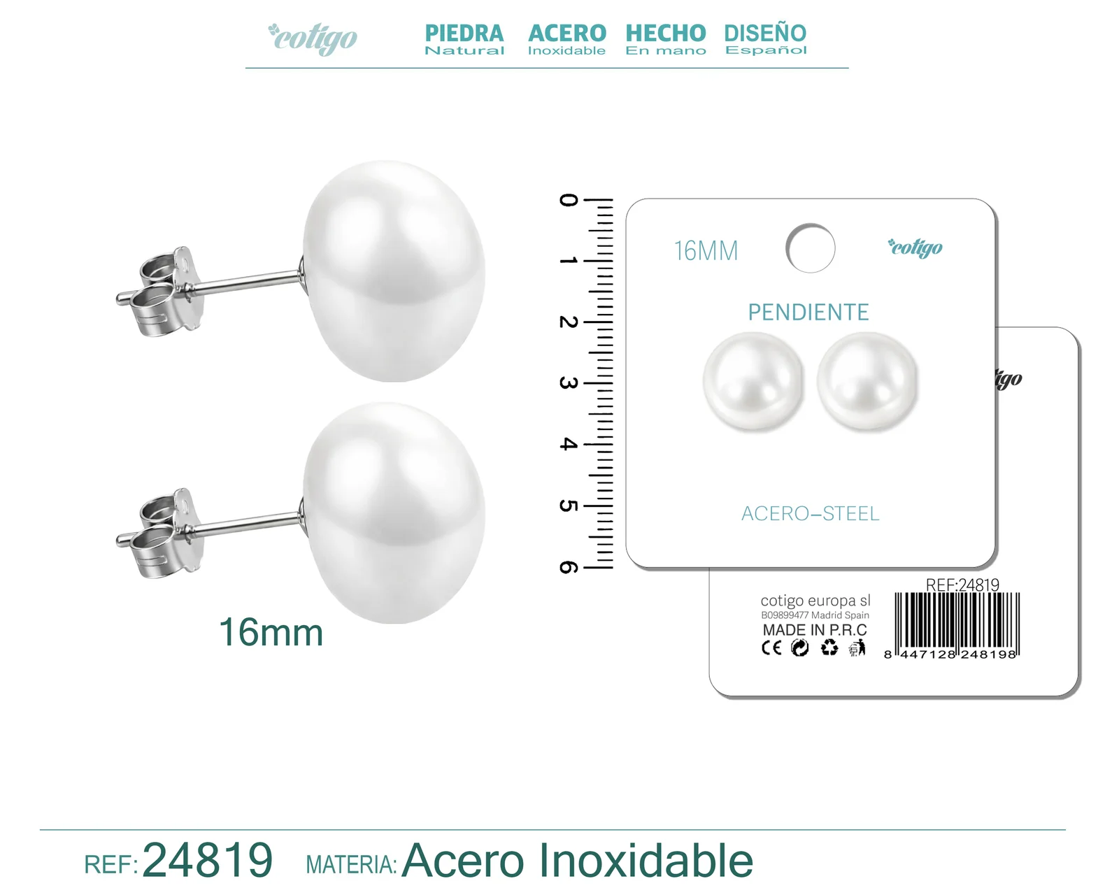 PENDIENTE DE PERLA OVLADA  16MM CON ACCESORIO ACERO