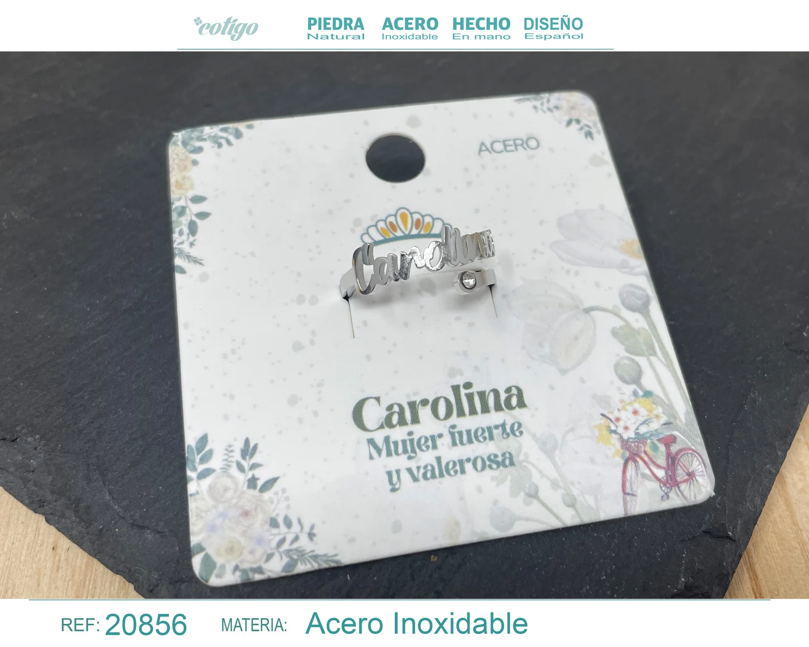 ANILLO NOMBRE CAROLINA ACERO COLOR PLATEADO