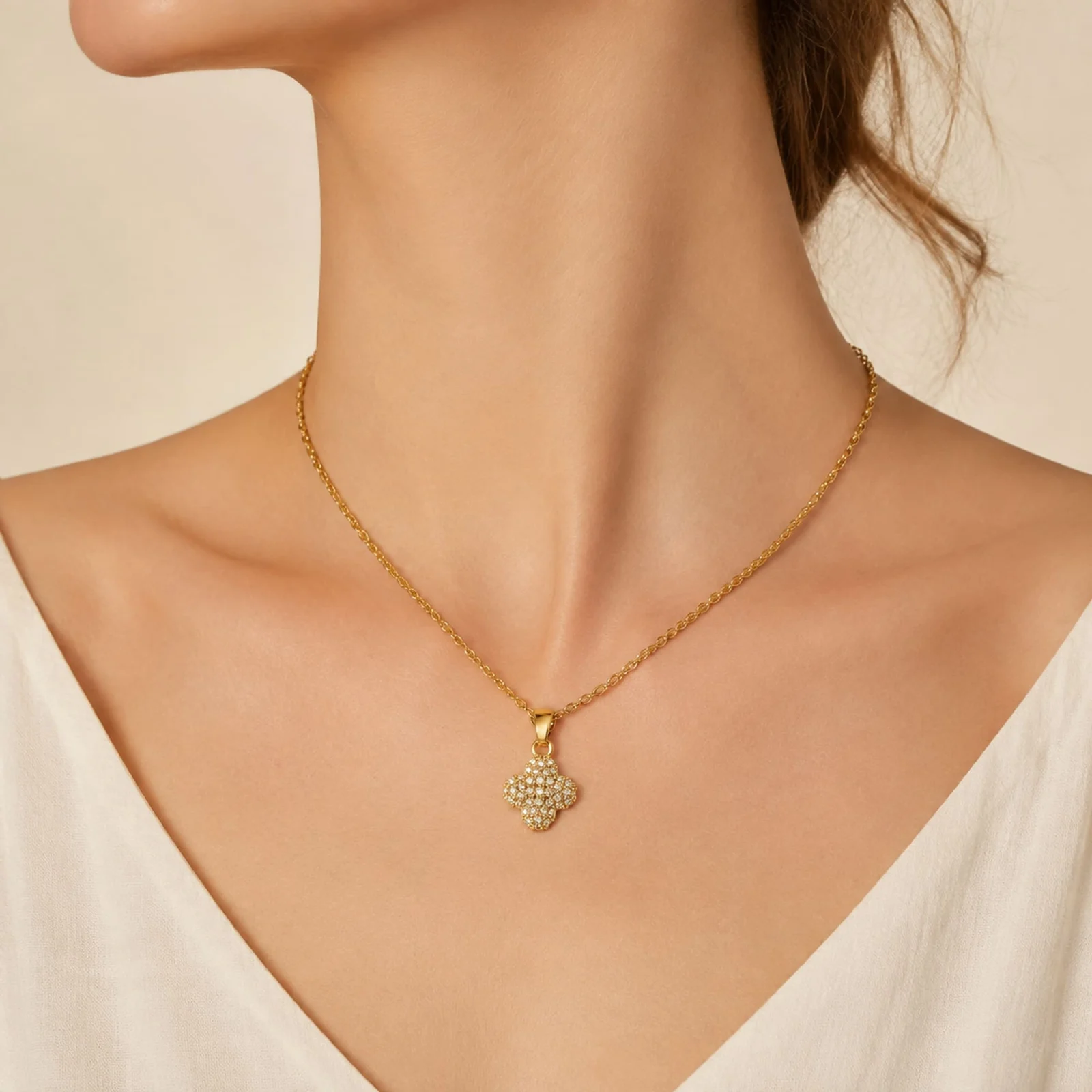 Colgangte Cobre con Circonita Colar Dorado y Cadena Acero