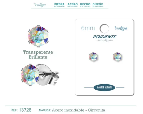 PENDIENTE CIRCONITA REDONDO-TRANSPARENTE BRILLANTE-6MM-BASE ACERO PLATEADO