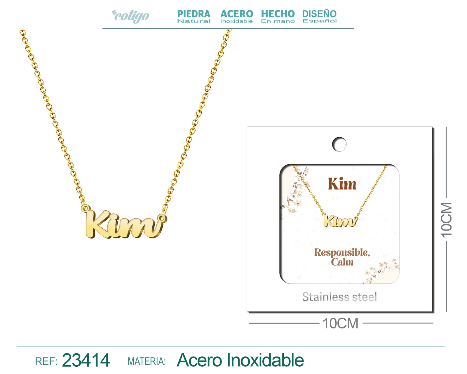 COLLAR NOMBRE INGLES KIM ACERO CON SOBRE