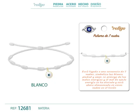 PULSERA 7 NUDOS BLANCO CON COLGANTE DE OJO TURCO