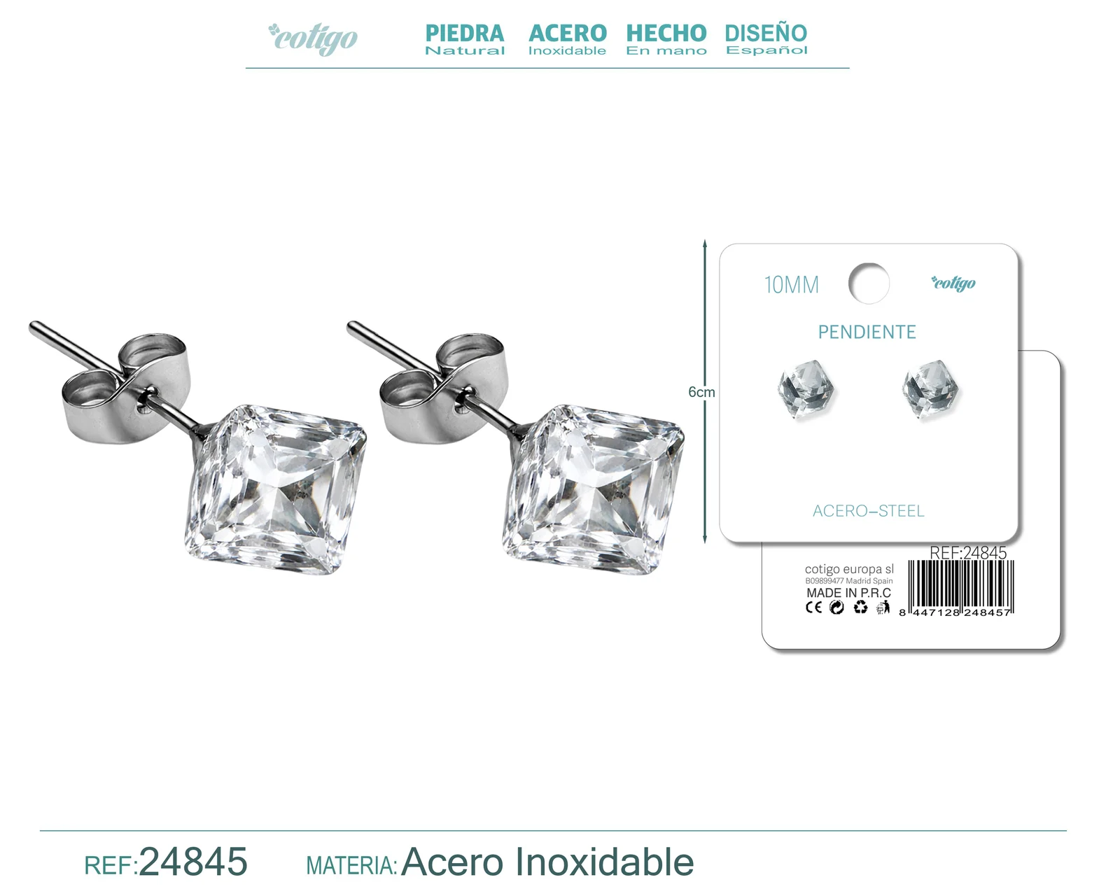 PENDIENTE DE CRISTAL CUADRADO 10MM CON ACCESORIO ACERO