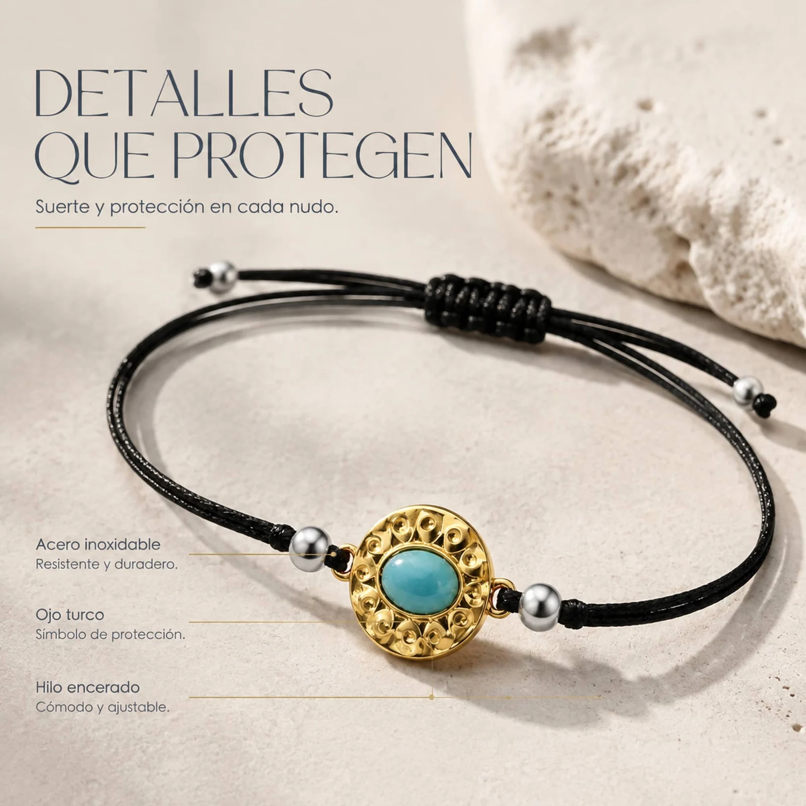 Pulsera Hilo encerado Negro CON OJO TURCO Dorado
