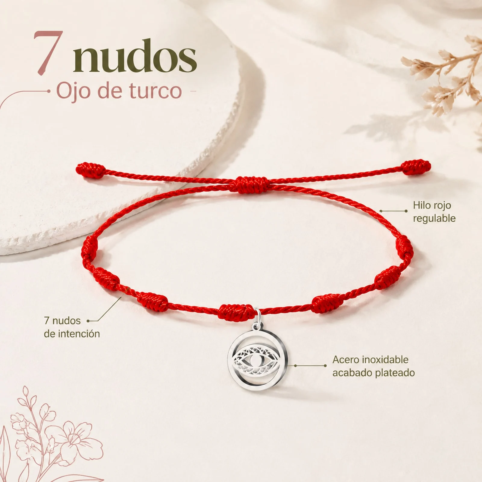 PULSERA 7 NUDOS CON OJO TURCO COLOR PLATEADO