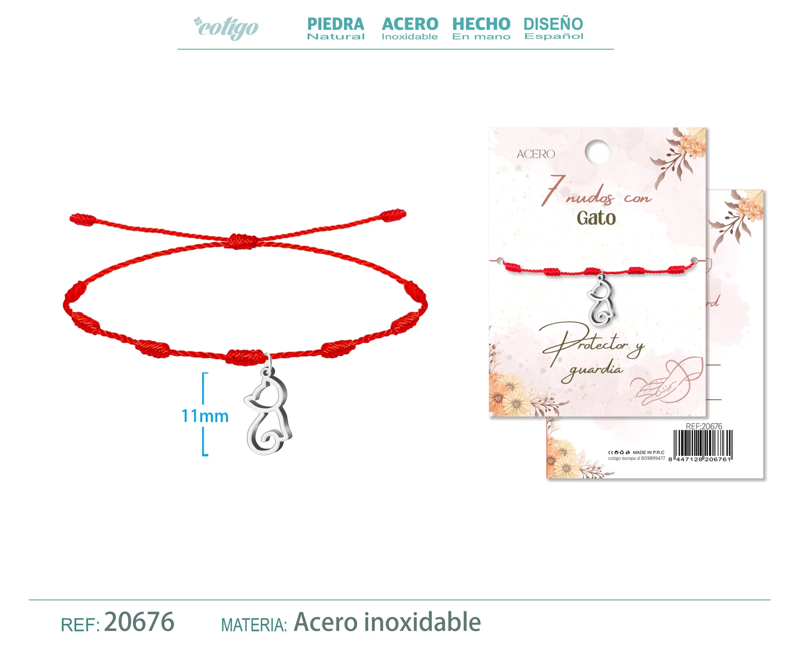 PULSERA 7 NUDOS CON GATO COLOR PLATEADO
