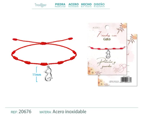 PULSERA 7 NUDOS CON GATO COLOR PLATEADO