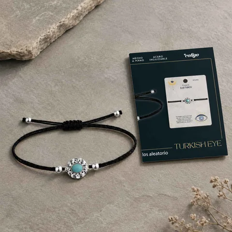 Pulsera Hilo encerado Negro CON OJO TURCO Plateado