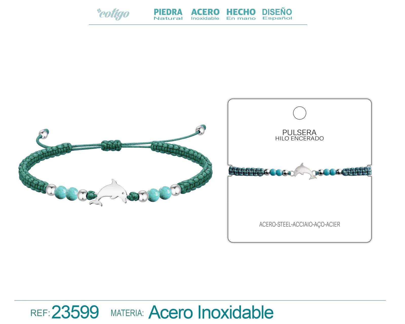 PULSERA HILO ENCERADO CON TURQUESA Y DLEFIN ACERO