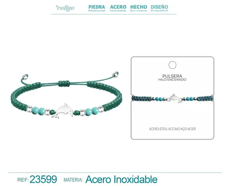 PULSERA HILO ENCERADO CON TURQUESA Y DLEFIN ACERO