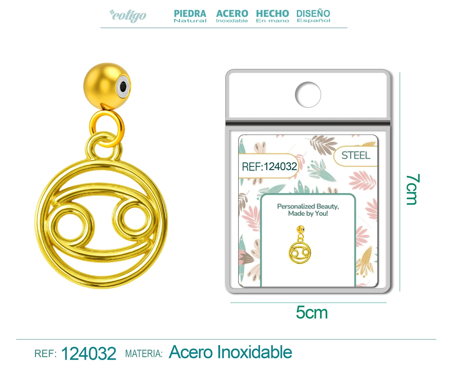 CHARM DE ZODÍACO CÂNCER ACERO COLOR DORADO-CON BOLA DE GOMA