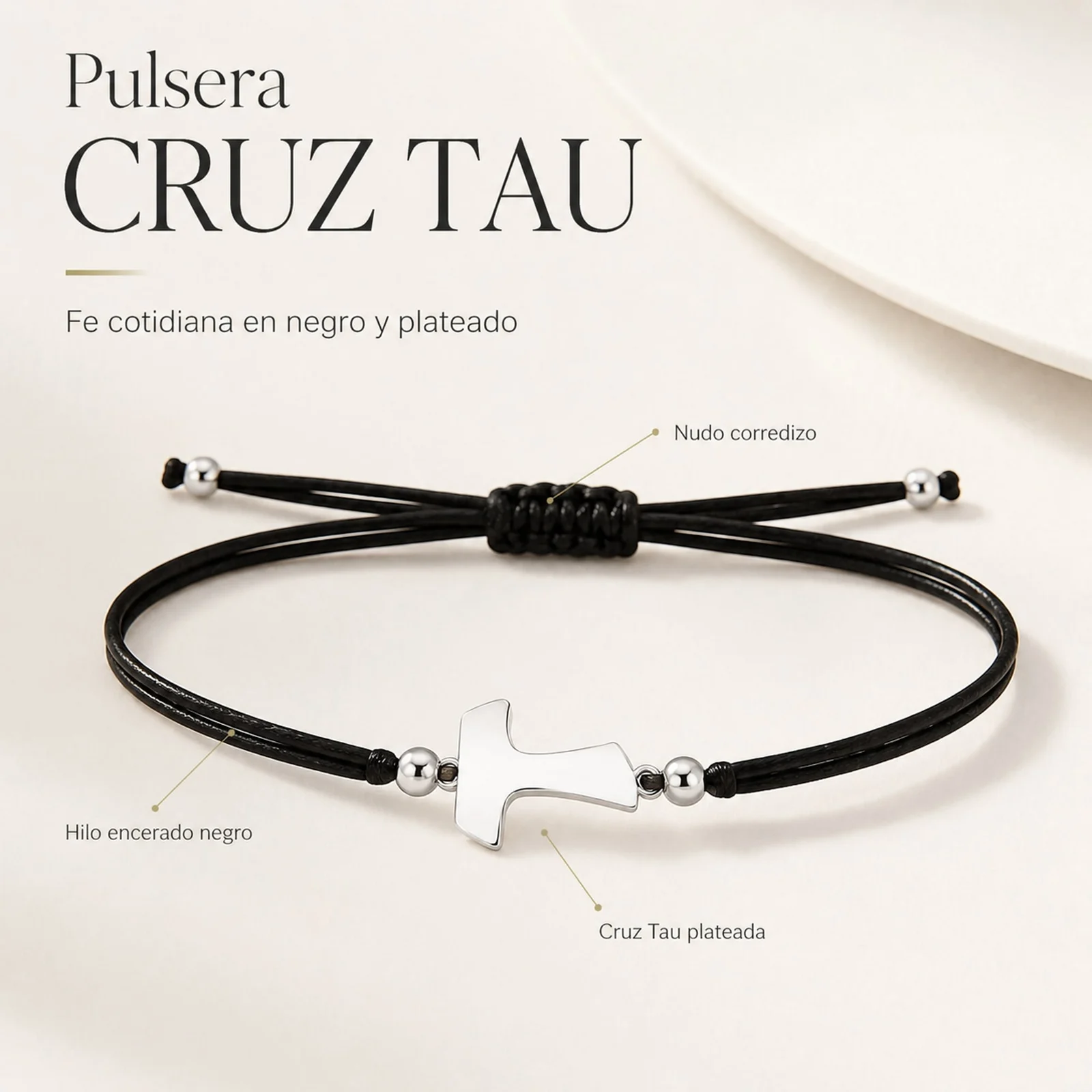 PULSERA CRUZ TAU PLATEADO DE HILO EN.NEGRO