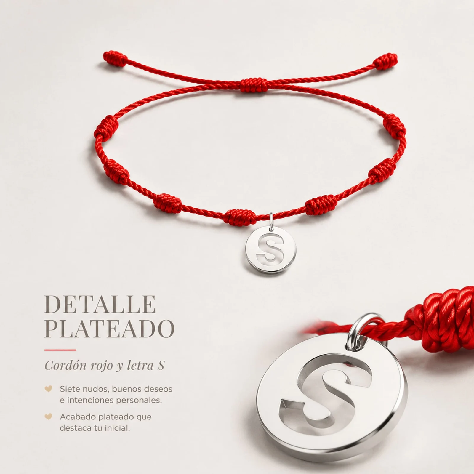 PULSERA 7 NUDOS CON LETRA S COLOR PLATEADO
