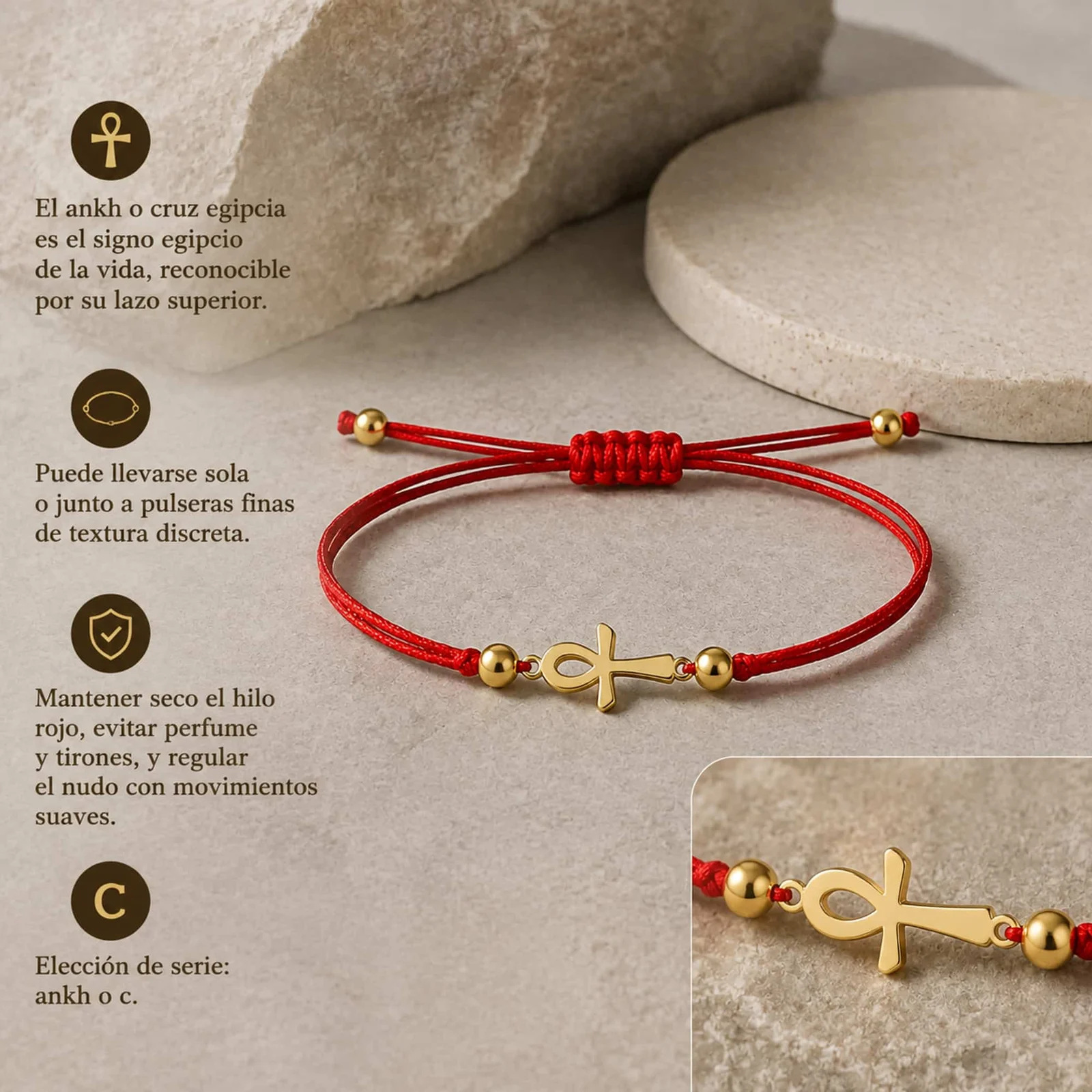 PULSERA CRUZ EGIPCIA DORADO DE HILO EN.ROJO