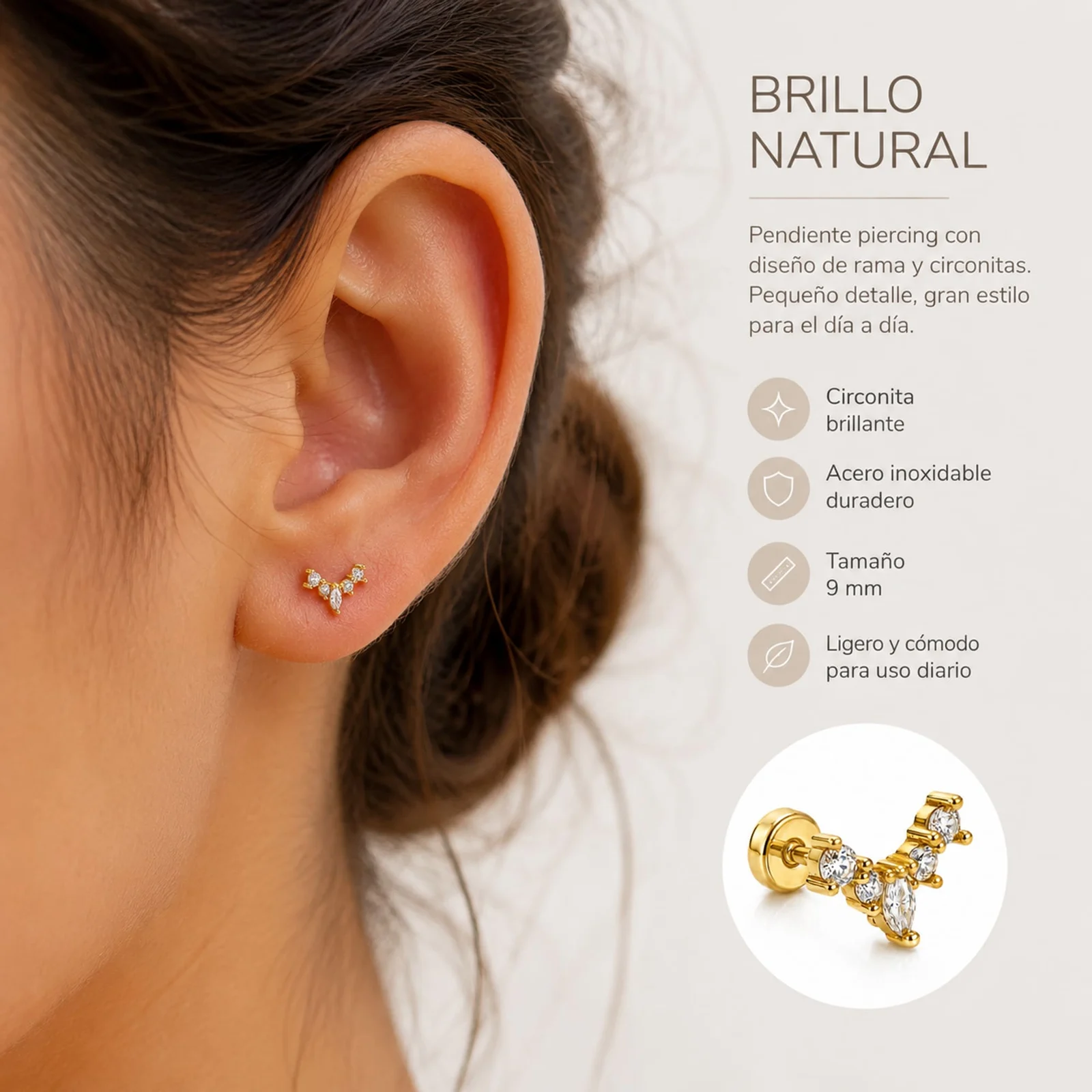Pendiente-Piercing Bañado Oro 18K y con Circonita