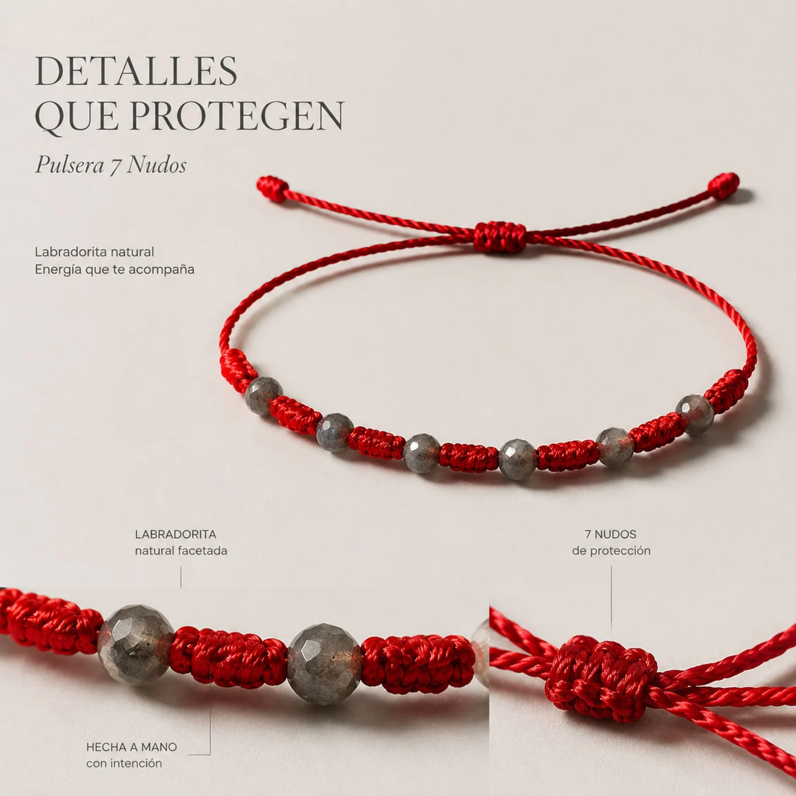 PULSERA 7 NUDOS CON  LABRADORITA NEGRA 4MM