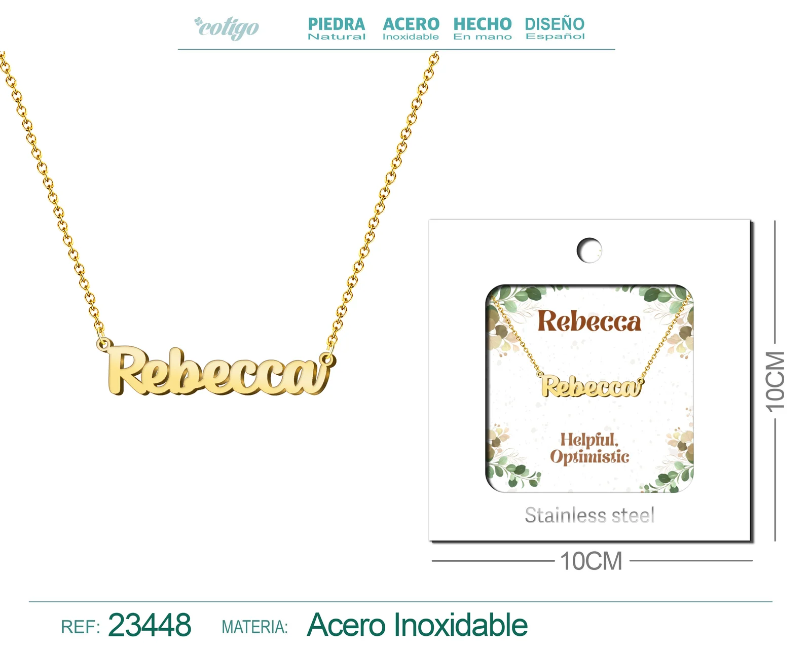 COLLAR NOMBRE INGLES REBECCA ACERO CON SOBRE