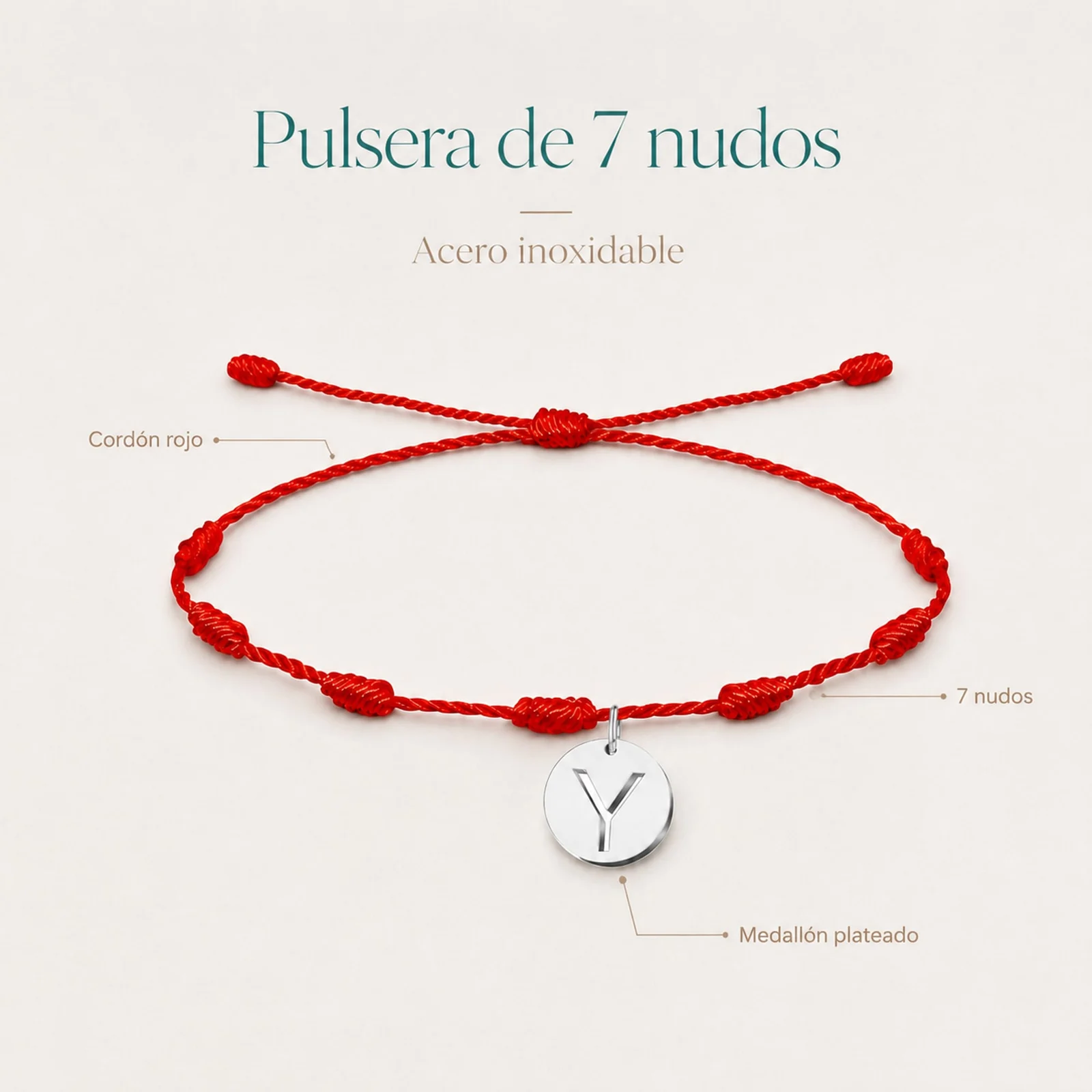 PULSERA 7 NUDOS CON LETRA Y COLOR PLATEADO