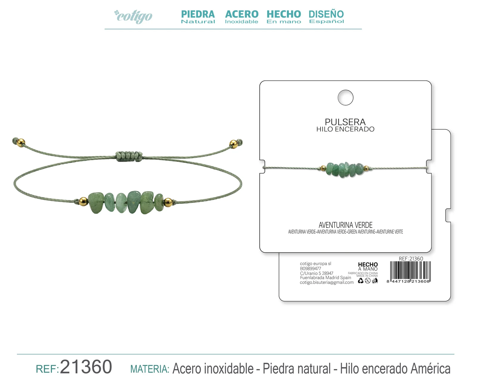 PULSERA HILO ENCERADO CON AVENTURINA VERDE