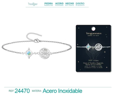PULSERA TETRAGRAMATÓN CON NUDO DE BRUJA ACERO INOXIDABLE Y PIEDRA OPALINA