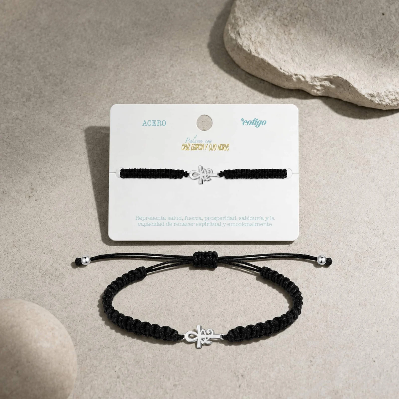 PULSERA HILO DESTINO  CON CRUZ EGIPCIA Y OJO HORUS ACERO PLATEADO