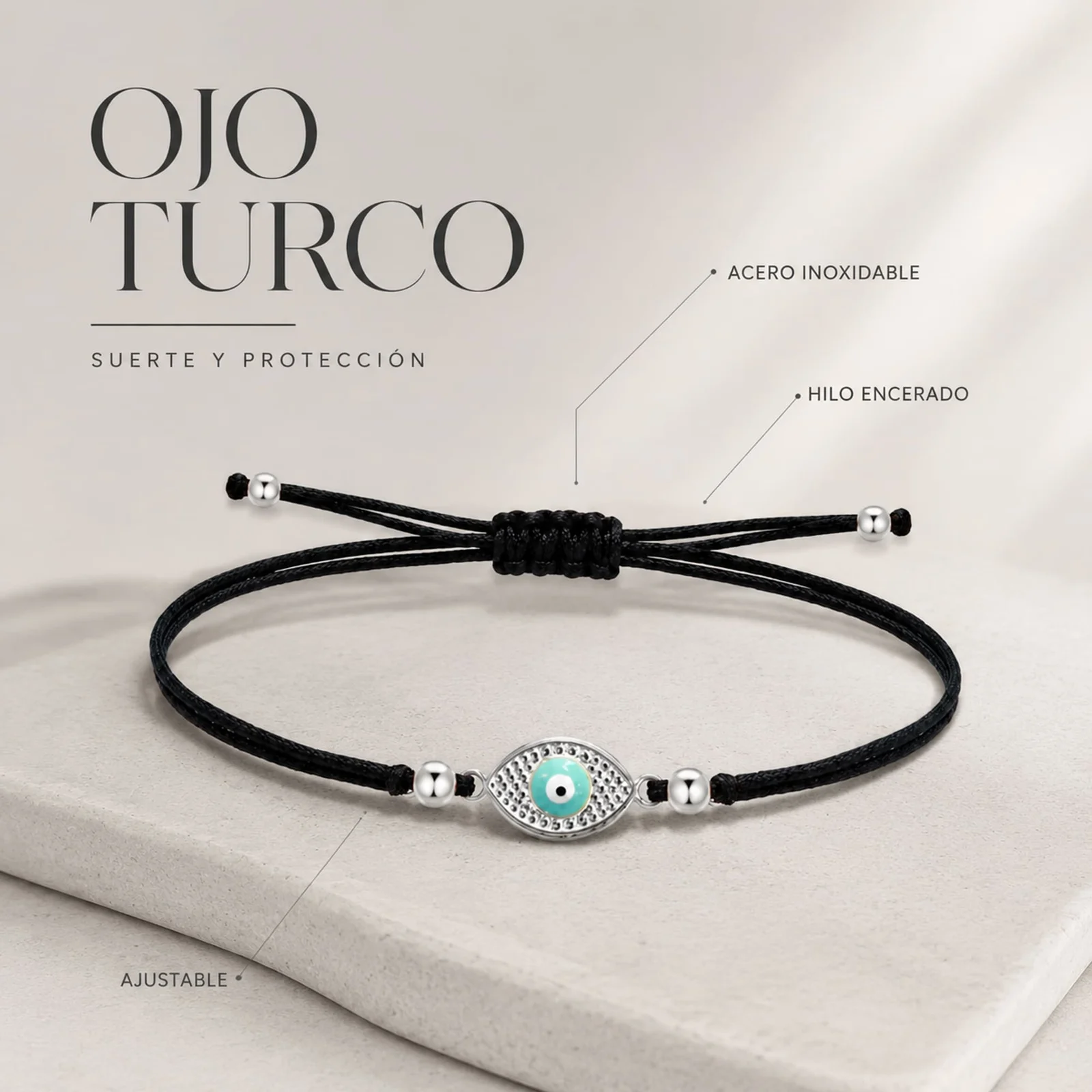 Pulsera Hilo encerado Negro CON OJO TURCO Plateado