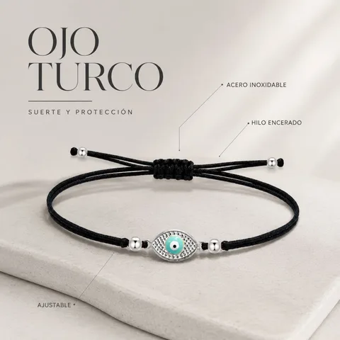 Pulsera Hilo encerado Negro CON OJO TURCO Plateado
