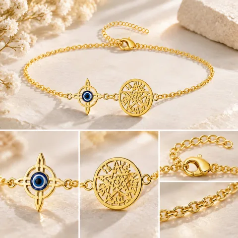 PULSERA TETRAGRÁMATON CON NUDO DE BRUJA Y OJO DE TURCO ACERO INOXIDABLE COLOR DORADO