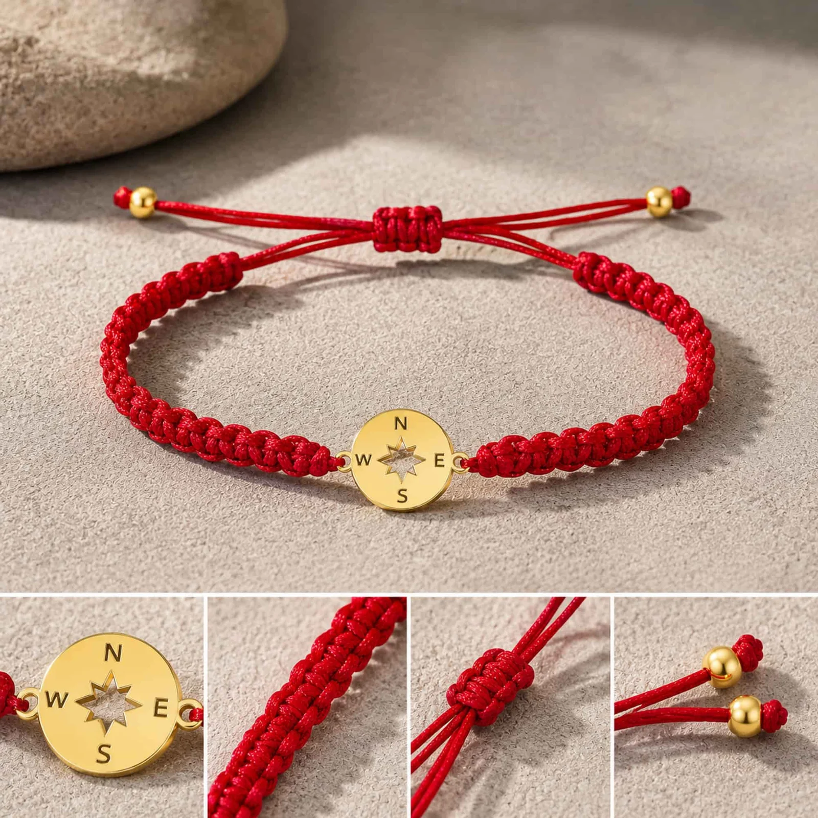 PULSERA HILO DESTINO  CON BRÚJULA ACERO DORADO