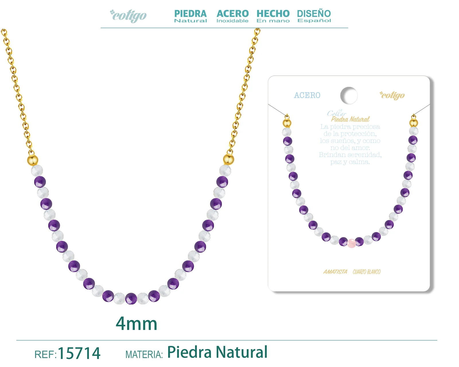 COLLAR AMATISTA，CUARZO BLANCO 4MM