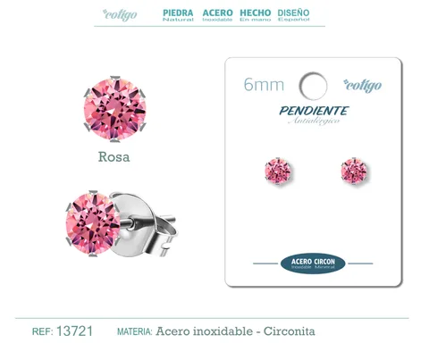 PENDIENTE CIRCONITA REDONDO-ROSA-6MM-BASE ACERO PLATEADO