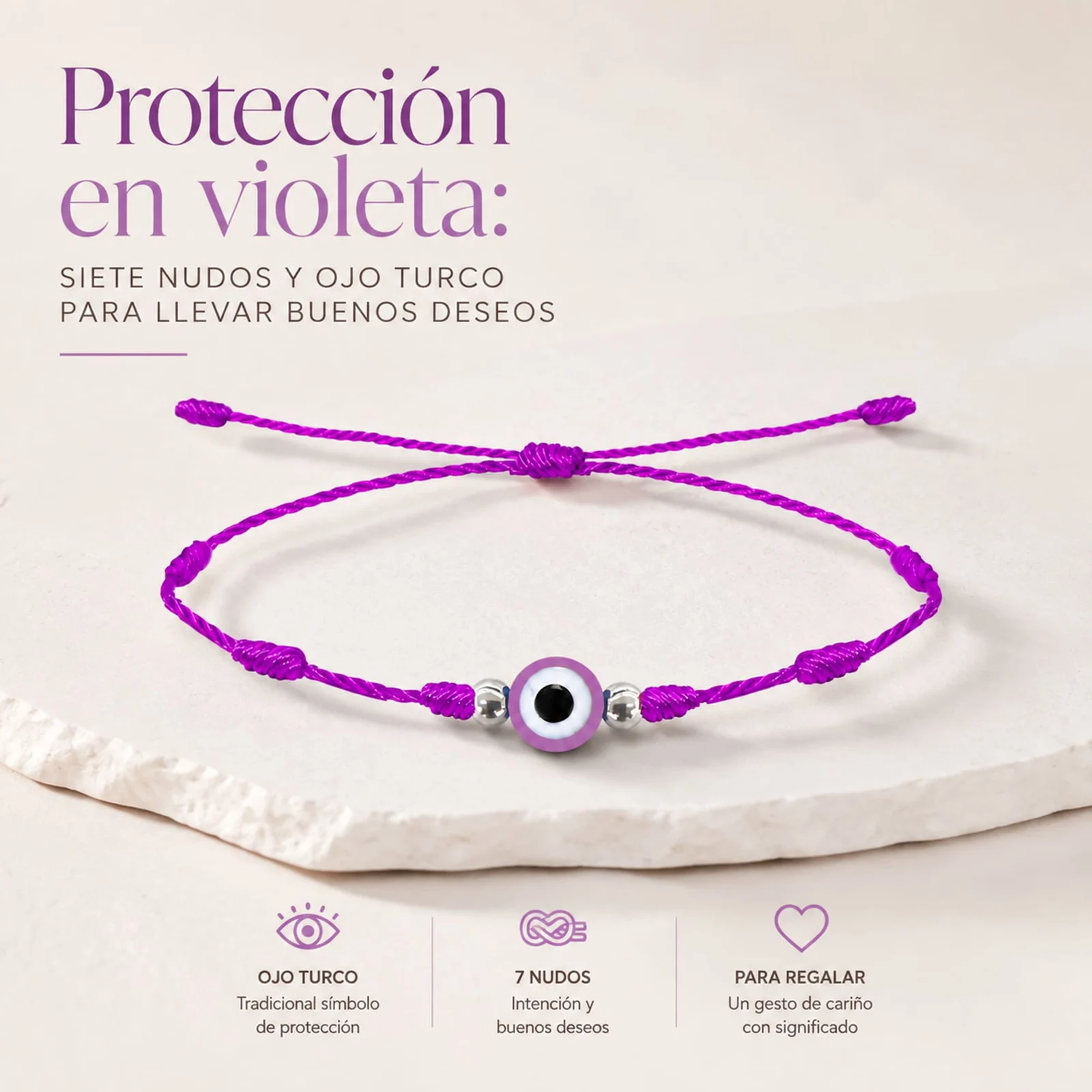 PULSERA 7 NUDOS VIOLETA CON OJO TURCO