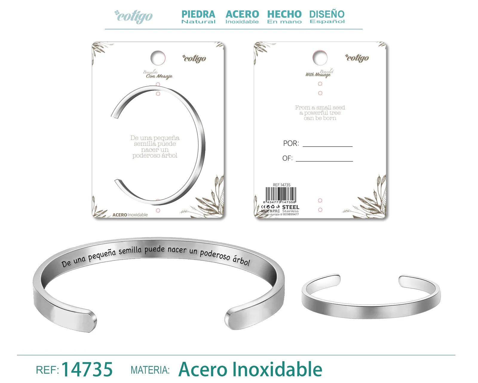 BRAZALETE ACERO CON MENSAJE ESPAÑOL