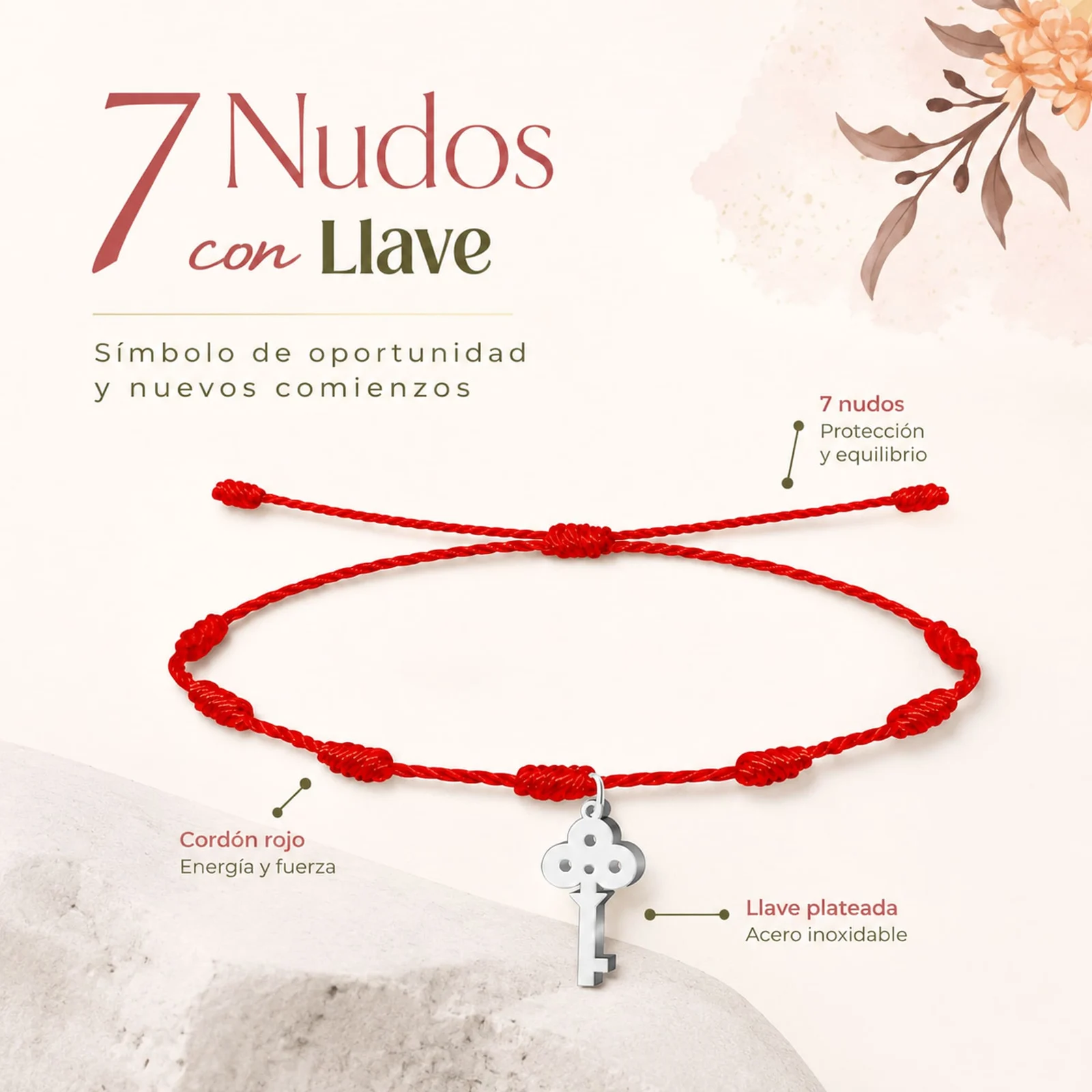 PULSERA 7 NUDOS CON LLAVE COLOR PLATEADO